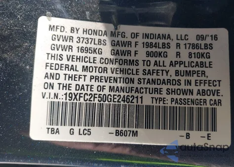 2016 Honda Civic Lx from USA, damaged, VIN 19XFC2F50GE246211